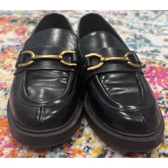 Zara Shoes - ZARA Black Leather Block Heel Loafer Metal Buckle Detail Size 38 / 7.5